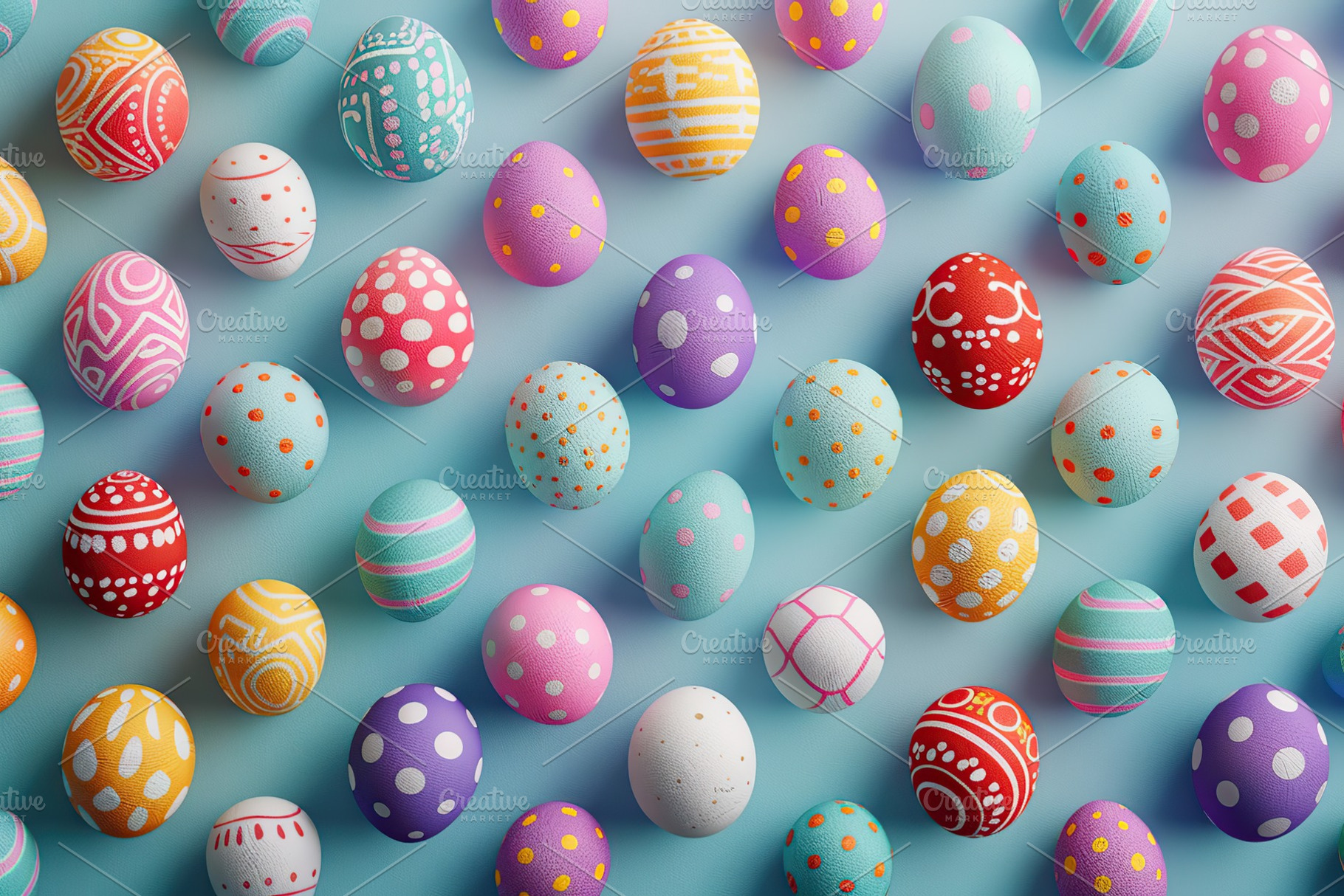 Pattern of decorated easter eggs on blue background, a Food & Drink Photo by AlyaAnd