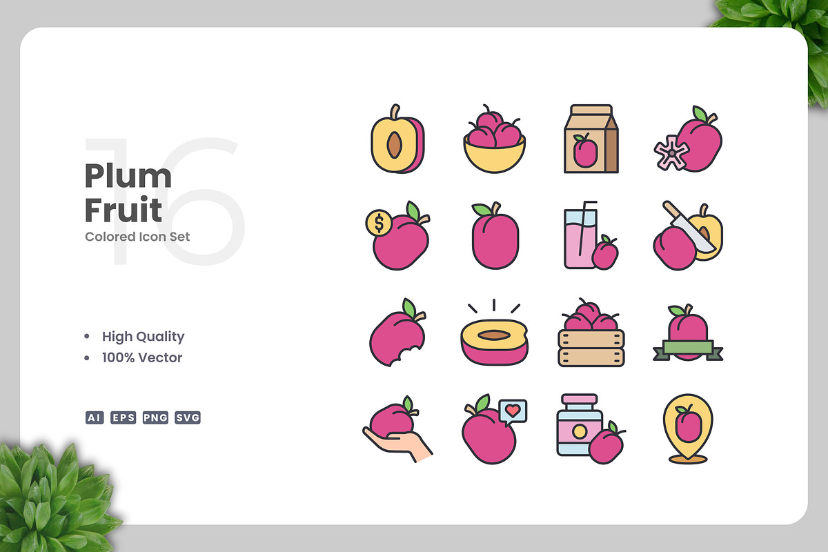Plum Fruit Colored Icons, an Icon by Upnowgraphic