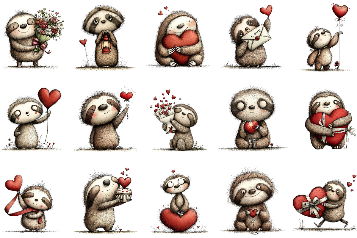 Valentine's Whimsical Sloth Clipart, an Illustration by Designking (Photo 3 of 5)