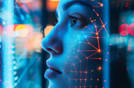 Woman face with digital grid pattern on dark blue background, au, a Photo by Dvoevnore photos