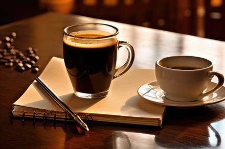 A still life composition featuring a cup of freshly brewed coffe, a Food & Drink Photo by designvectx