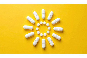 White pills arranged like a sunburst, a Health & Medical Photo by Igor Tichonow