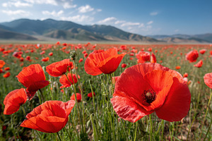 Vibrant poppy field under blue sky, a Nature Photo by AlyaAnd