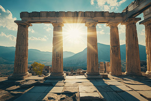 Sunlight streaming in Greek temple, a Photo by Pavel_design