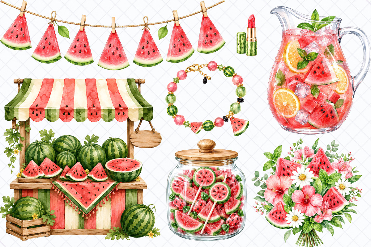Watermelon Vibes Watercolor Clipart, a Food Illustration by Whimsy Brush Studio (Photo 5 of 8)