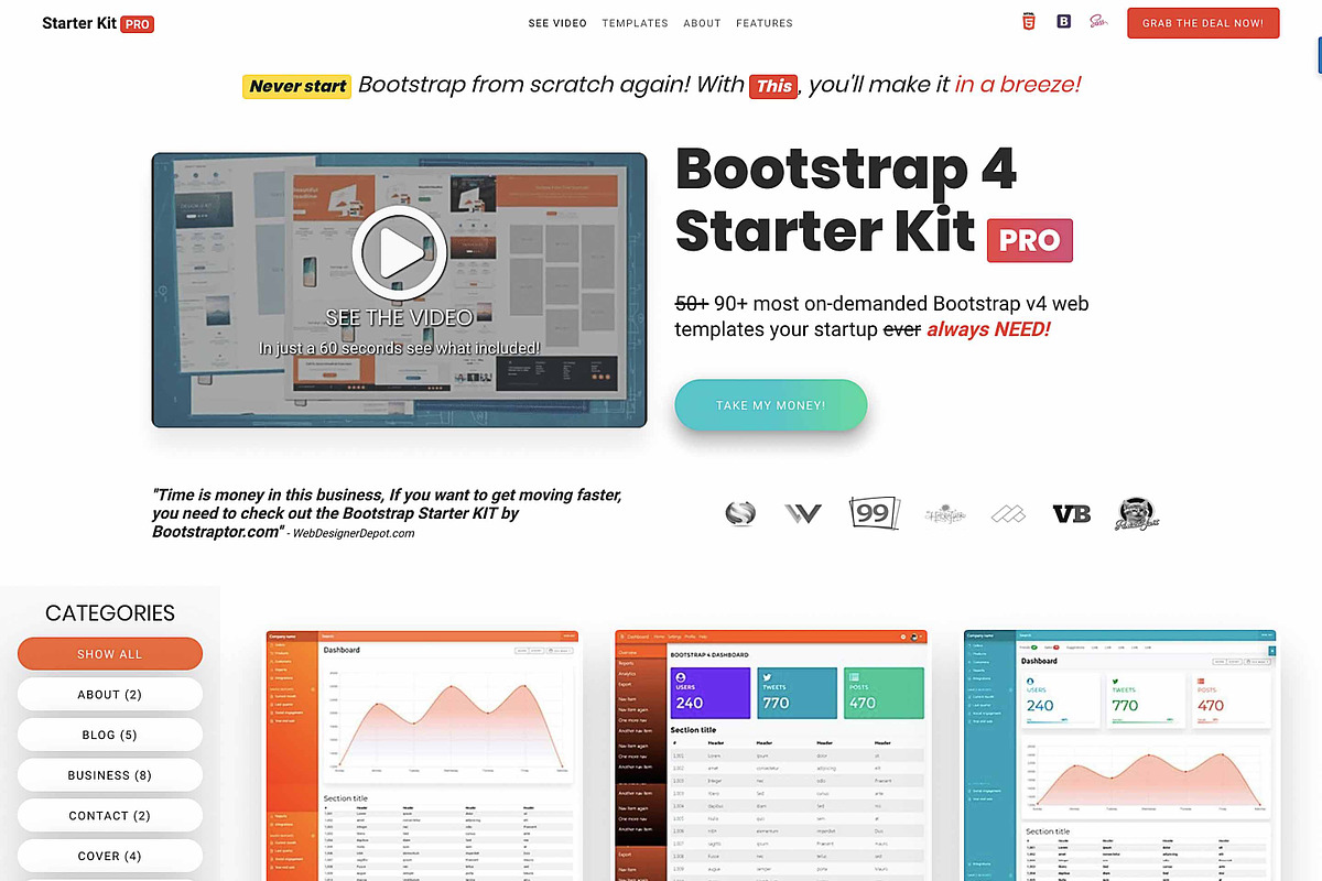 Bootstrap 4 Starter Kit Pro, a Bootstrap Template by Bootstraptor (Photo 2 of 12)