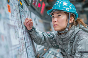 Focused asian engineer wearing helmet examining control panel in industrial env, an Industrial Photo by AS photostudio