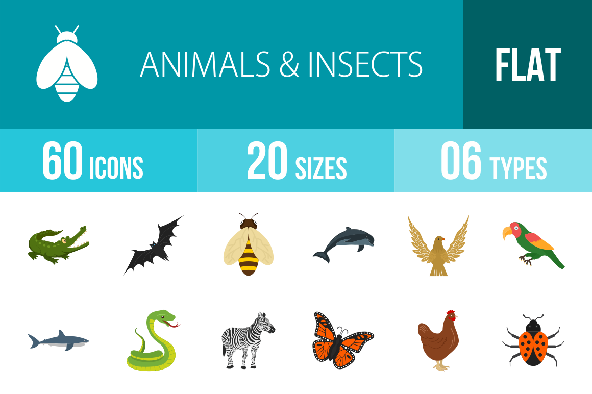 60 Animals  Insects Flat Multicolor by Iconbunny  Creative Market