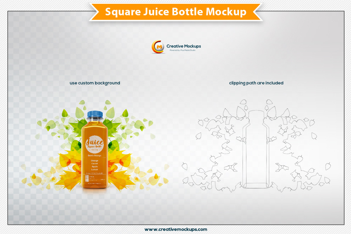 Square Juice Bottle Mockup PSD, a Packaging Mockup by Plus Media (Photo 5 of 6)