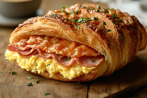 Croissant sandwich with meat, cheese and vegetables on wooden ta, a Food & Drink Photo by AlyaAnd