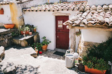 Rustic red door and potted plants, an Architecture Photo by SkyNext