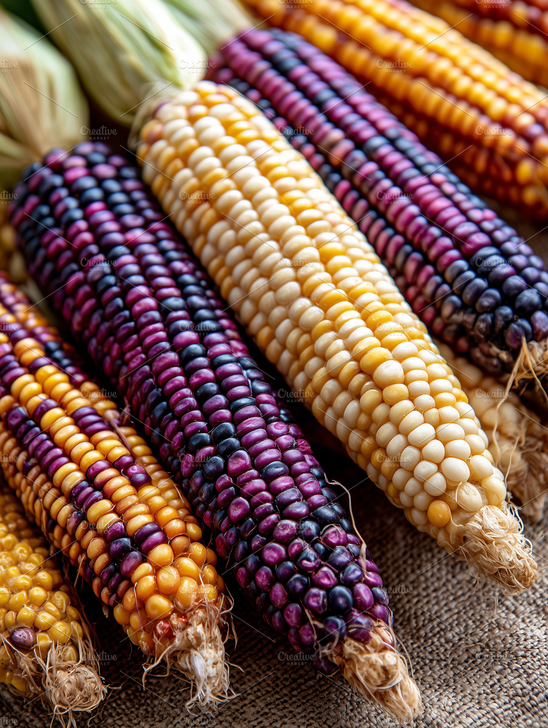 Colorful heirloom corn cobs on, a Food & Drink Photo by MistyDay