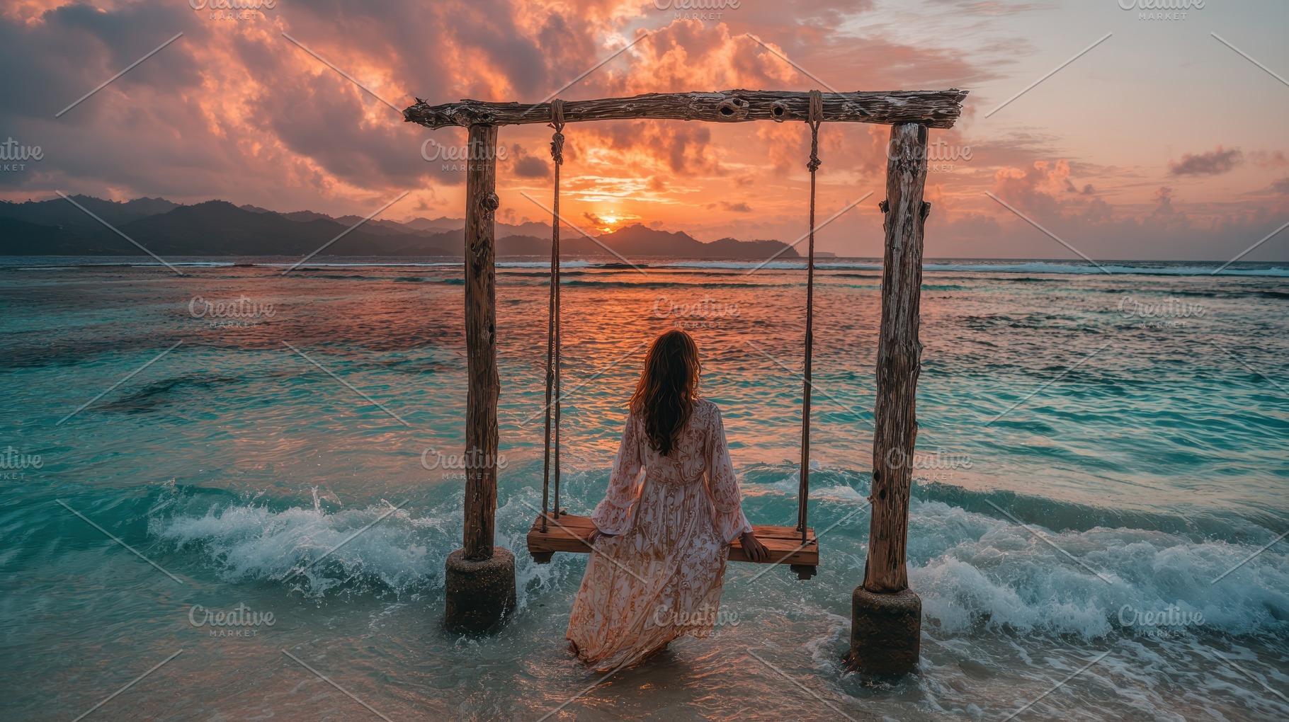 Woman on a swing watching sunset ove, a Photo by Pixeness Studio