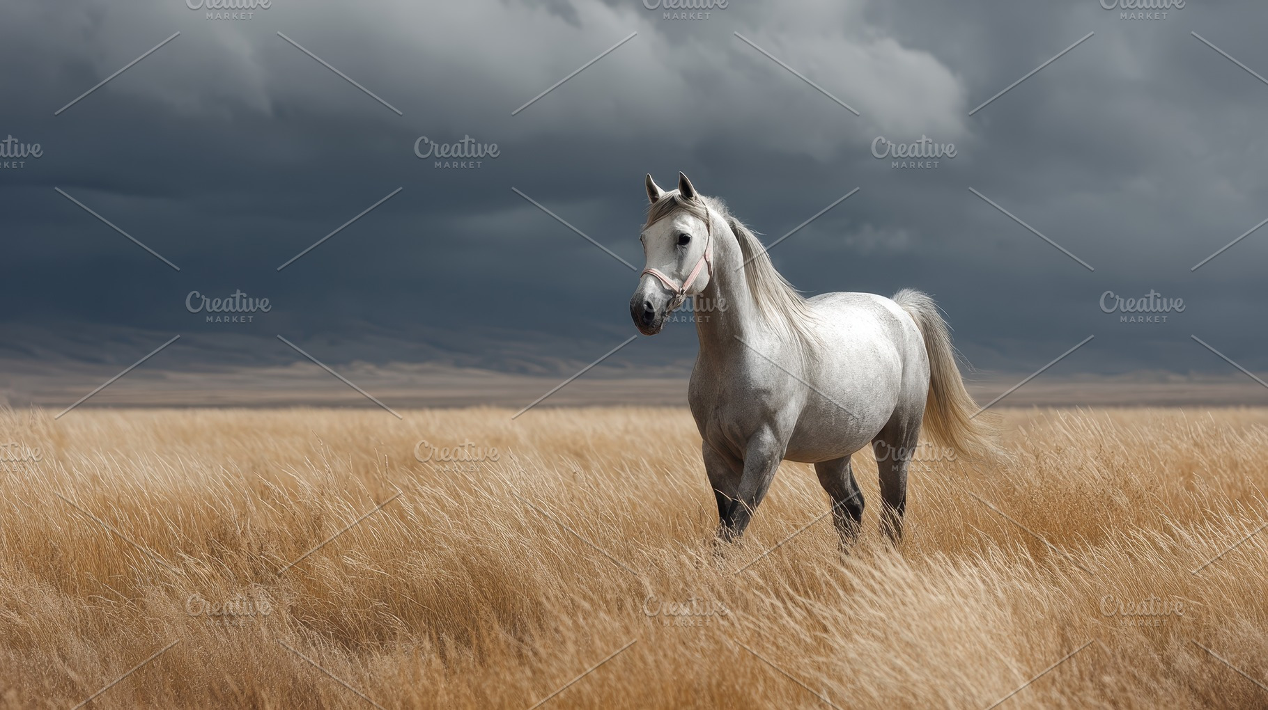 Majestic White Horse in Golden Field, a Photo by Pixeness Studio