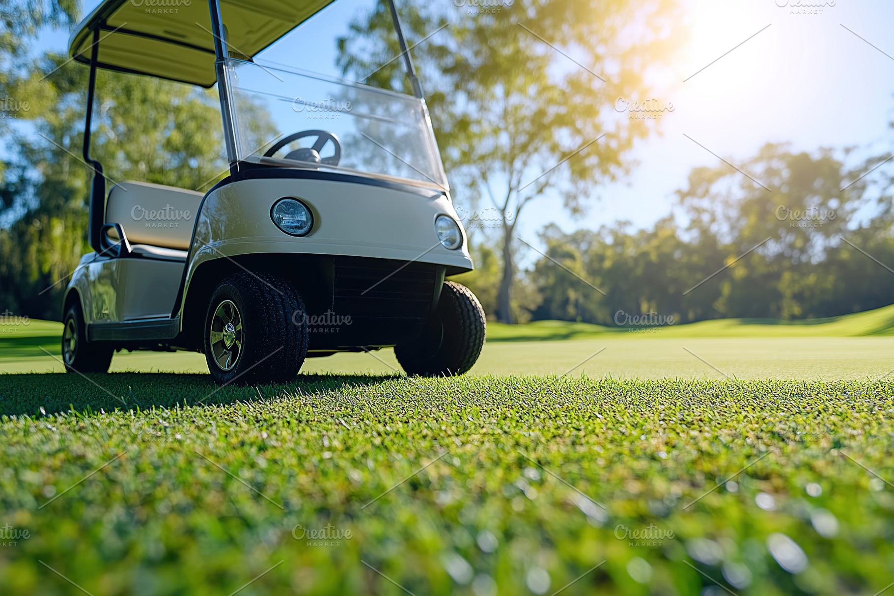 Golf cart on green turf grass field of golf course, a Photo by AlyaAnd