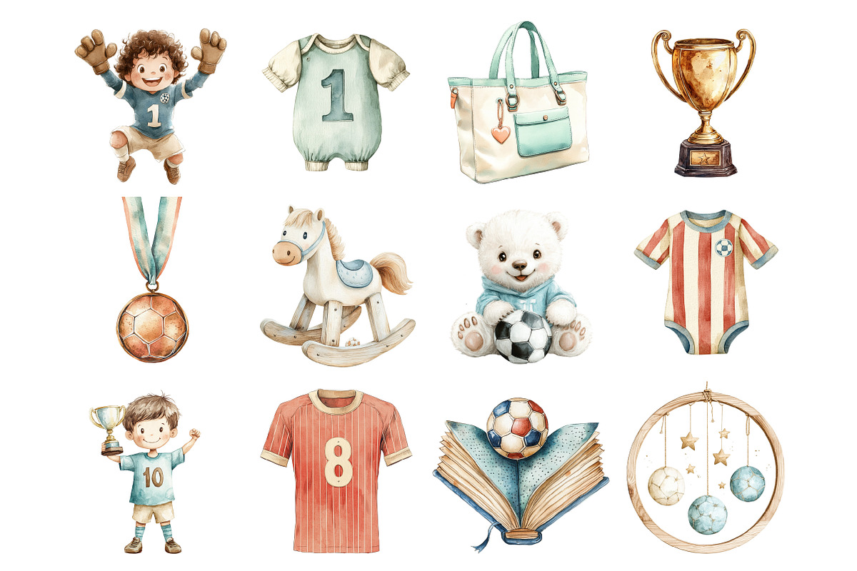 Watercolor Kids Cute Soccer Clipart, a Seasonal Illustration by Design Market (Photo 2 of 8)