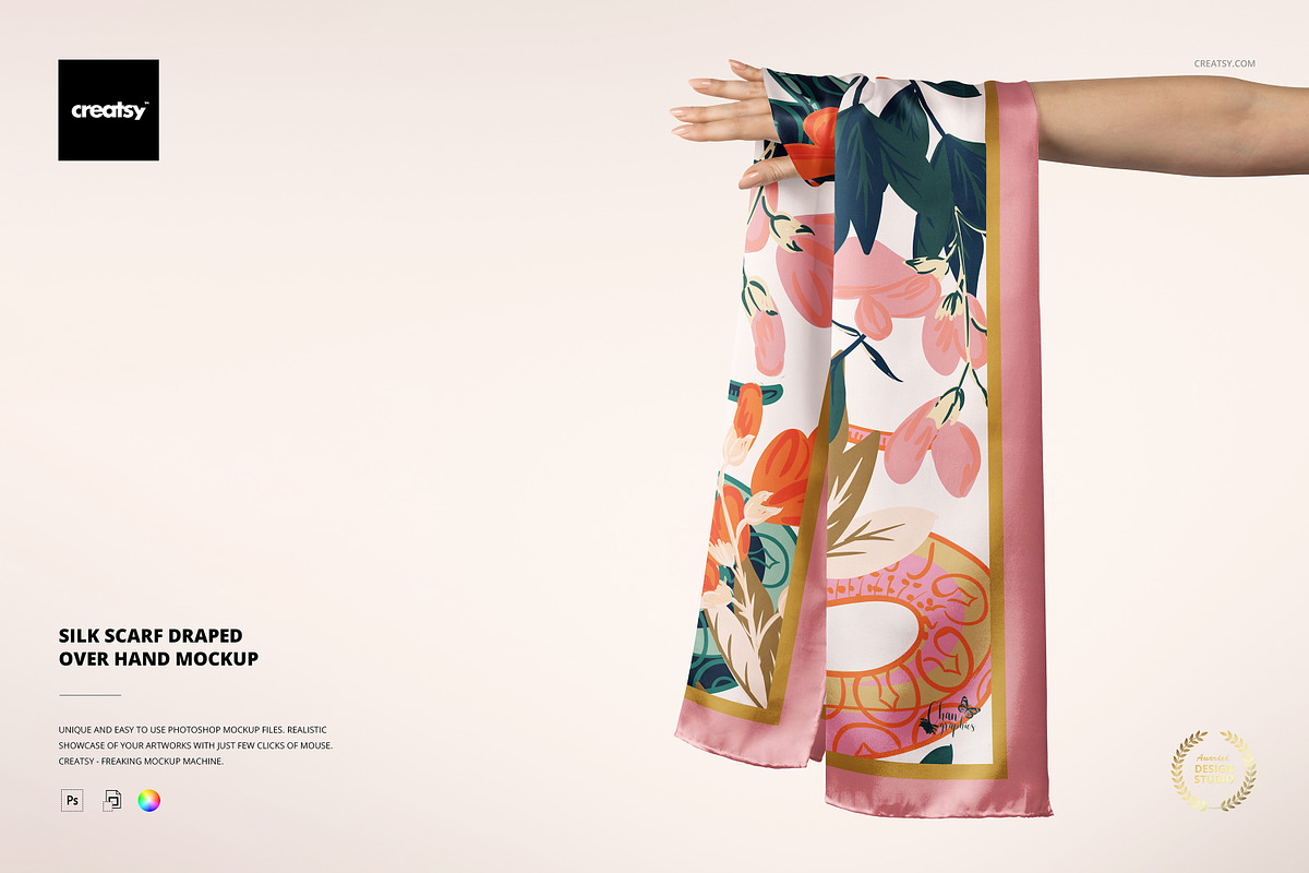 Silk Scarf Draped Over Hand Mockup, a Mask Mockup by creatsy5 (Photo 1 of 6)