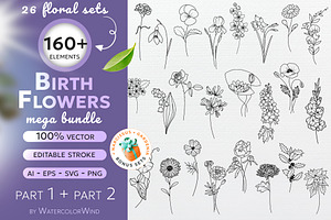 Outline Birth Month Flowers Bundle