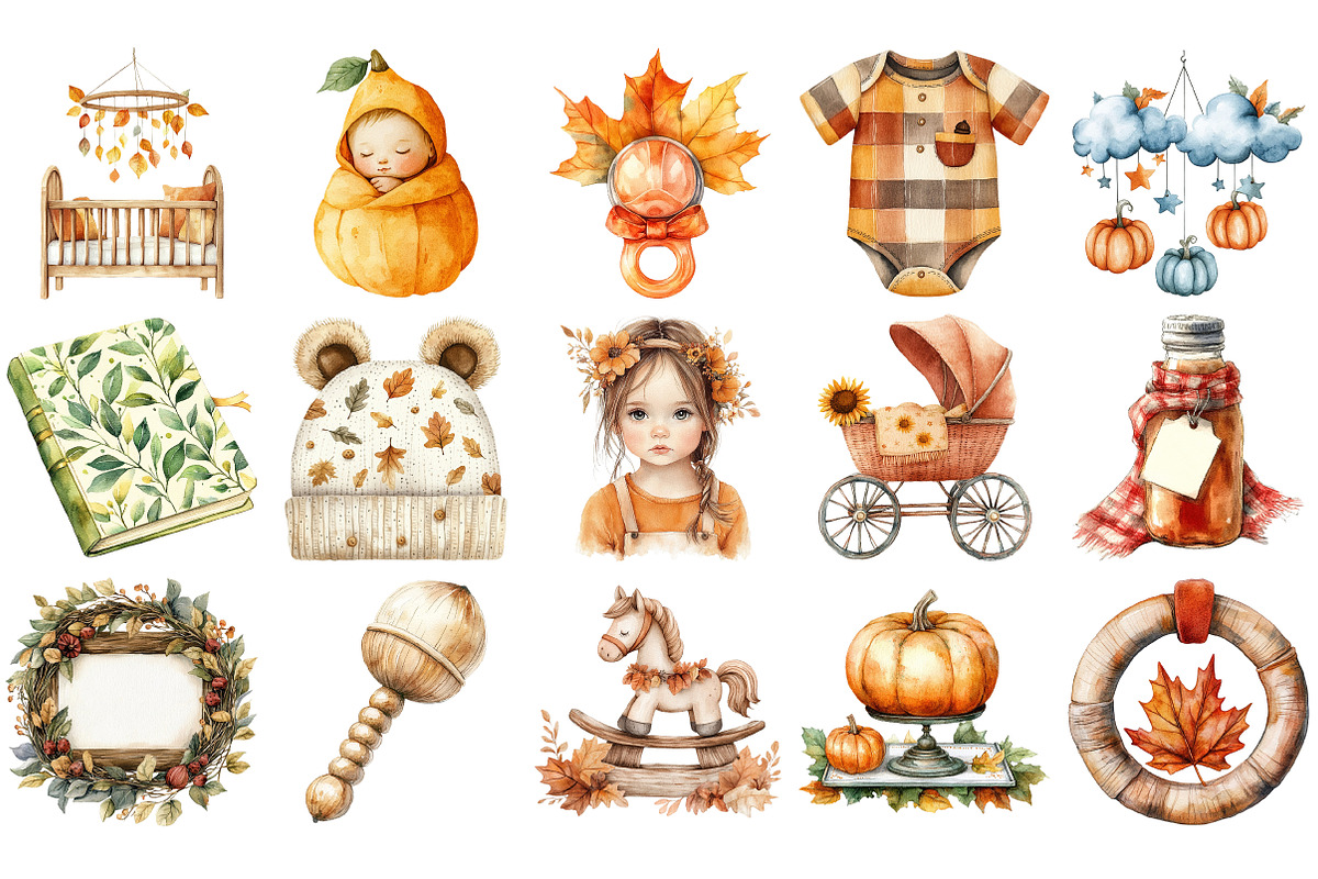 Watercolor Autumn Baby Shower PNG, an Illustration by Craft Nest (Photo 2 of 4)
