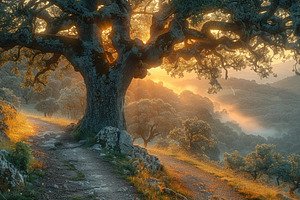 Ancient oak tree over sunlit mountain path with glowing sunrise, a Photo by José Manuel Gelpi