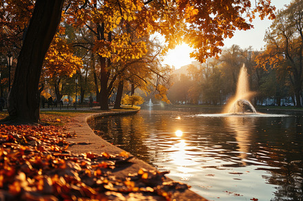 Autumn park in the rays of the setting sun with a fountain., a Photo by AS photostudio