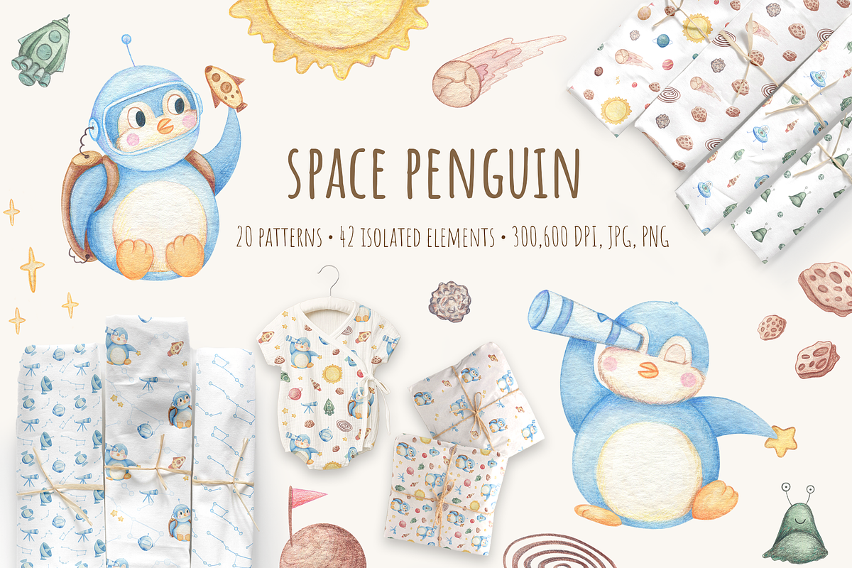 Space Penguin Clipart & Patterns, a Pattern Graphic by Lagniappe Art (Photo 1 of 15)