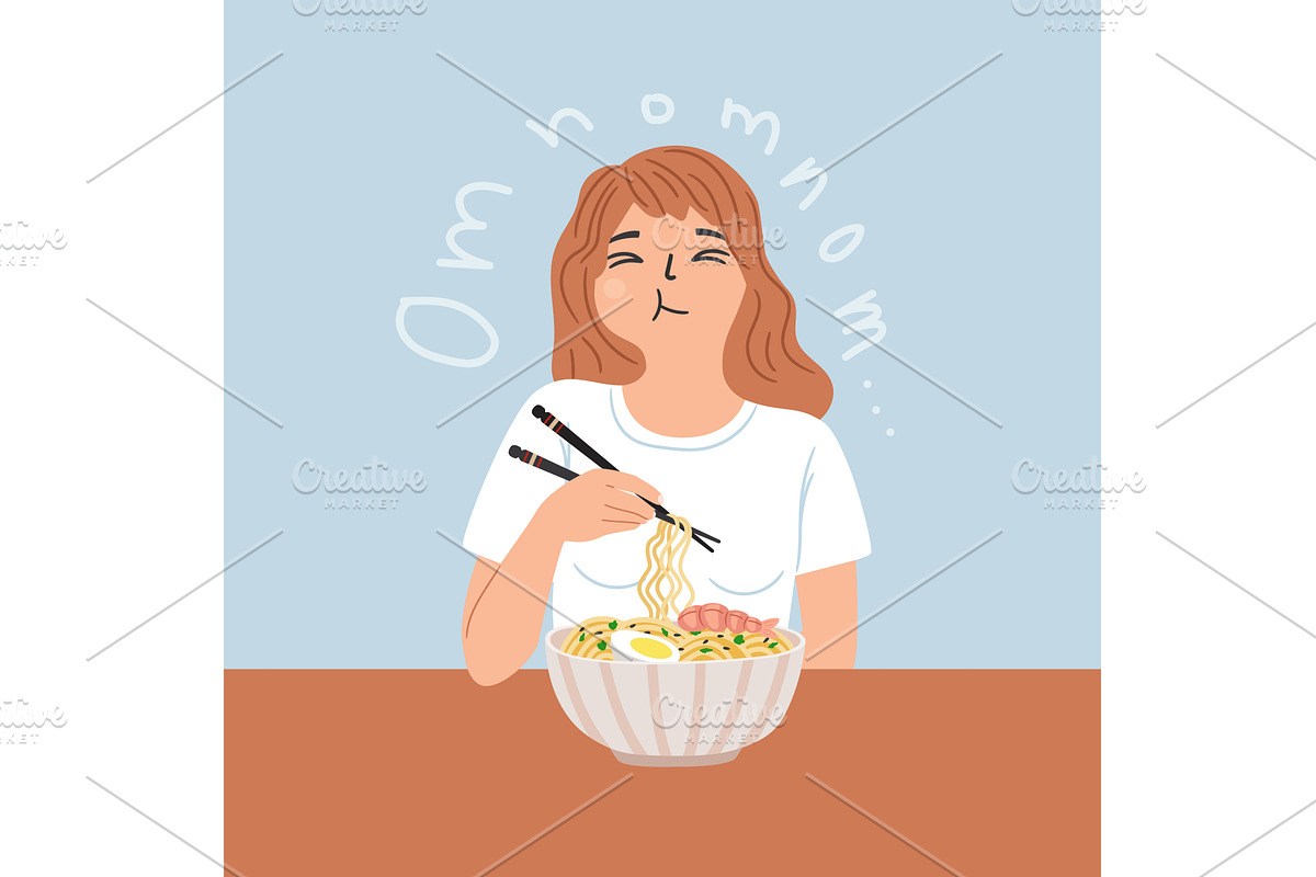 Happy woman with mouth full of food, a Food Illustration by Stock-Smart-Start