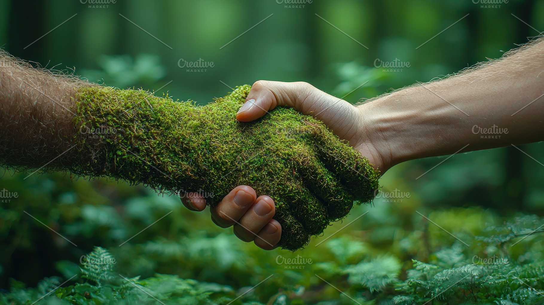 Handshake between a human and a moss-covered hand in a lush fore, a Nature Photo by José Manuel Gelpi