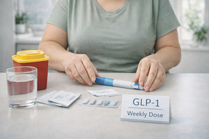 GLP1 treatment with weekly dose concept on table shown with medi, a Photo by Dvoevnore photos