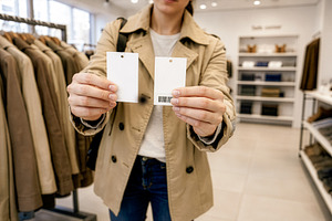 Woman comparing blank price tags, a Photo by rarrarorro