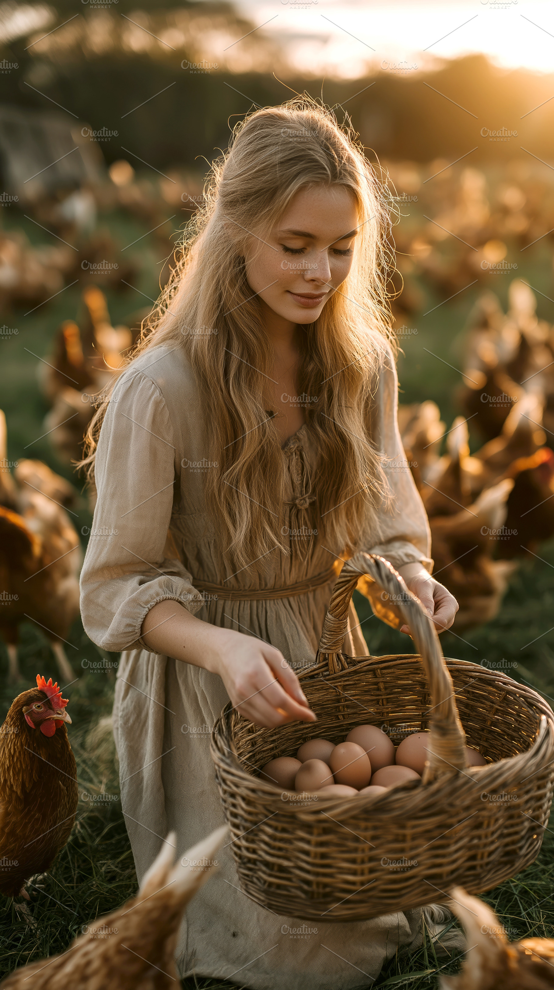 Woman Gathering Fresh Eggs, a Person Photo by Ocean Digital Art