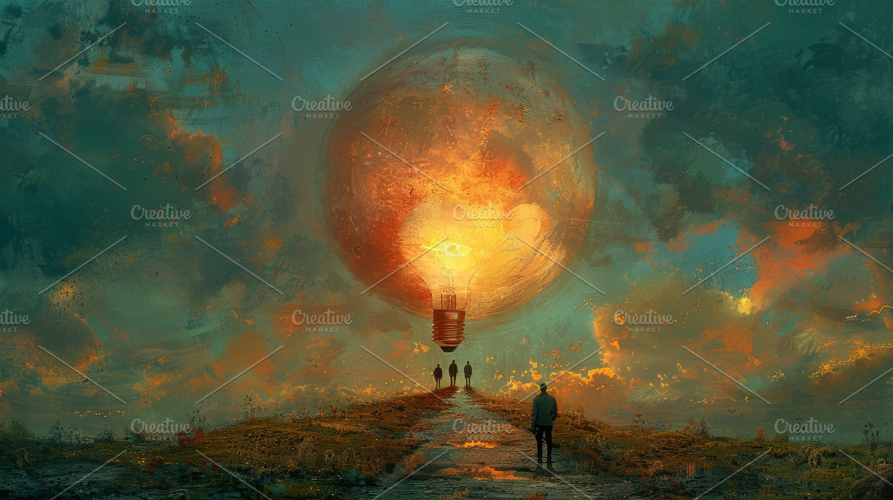 Surreal concept of imagination with giant glowing light bulb, a Photo by AS photostudio