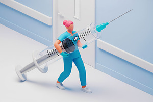 Nurse with a giant syringe walking, a Photo by angellodeco