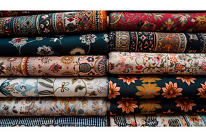 A vibrant stack of assorted fabric, a Beauty & Fashion Photo by Sergey Kotenev