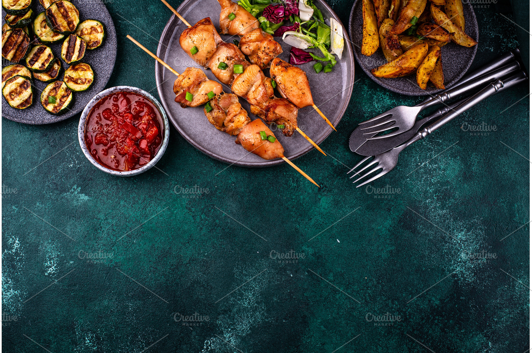 Chicken skewers kebab with, a Food & Drink Photo by Yulia Furman