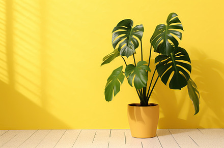 Illustrative of monstera tree in pot on yellow background. Generative AI, a Nature Photo by AlyaAnd