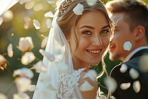 Happy young bride and groom celebrating marriage ceremony, a Photo by AlyaAnd
