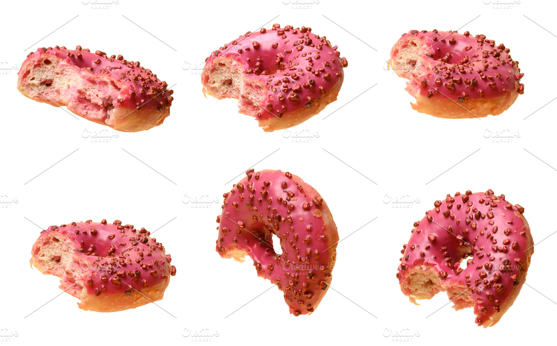 Bitten pink glazed donuts with berry sprinkles, shown from vario, a Food & Drink Photo by ndanko