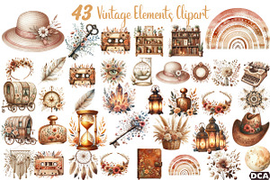 Boho Vibes Vintage Elements Clipart, an Illustration by DreamCafeArt