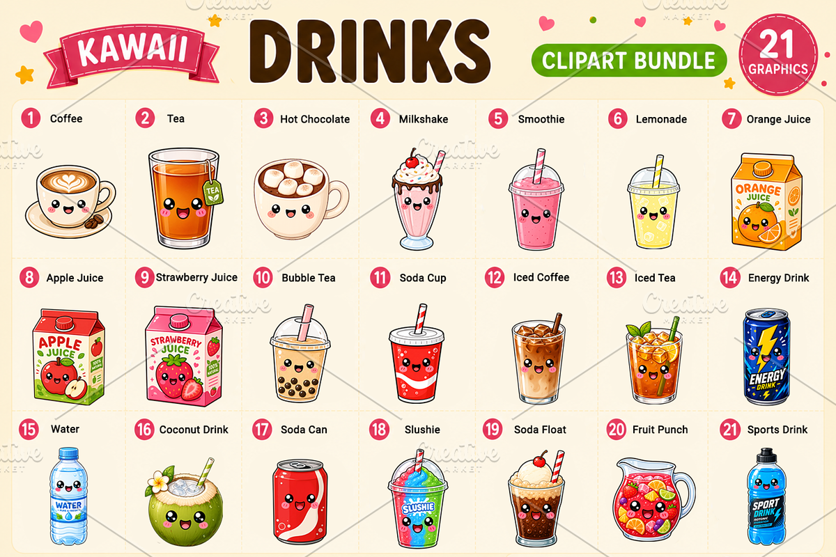 Kawaii Drinks Clipart PNG, a Food Illustration by QM_ART (Photo 2 of 4)