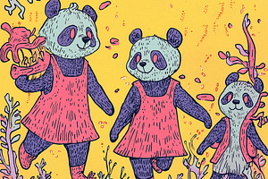 3 panda children in human clothes, an Animal Illustration by Sybillla