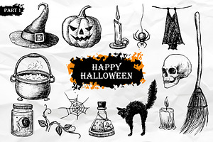 Halloween. Hand Drawn Vintage Set