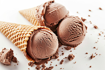 Chocolate ice cream in waffle cones on white background, a Food & Drink Photo by AlyaAnd