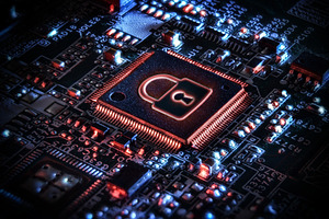 Diigital protection chip with padlock symbol on printed circuit, a Technology Photo by Davizro's Market
