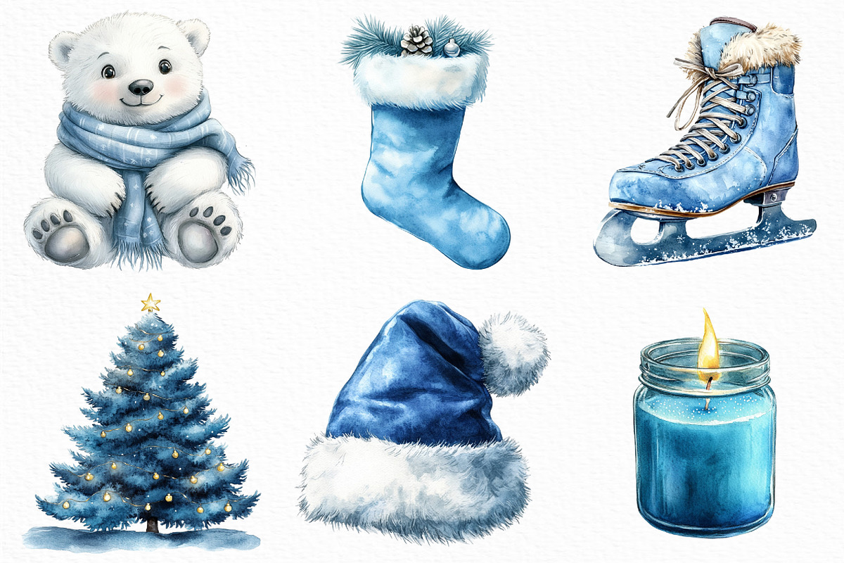 Watercolor Blue Christmas Clipart, an Illustration by Craft Nest (Photo 2 of 6)
