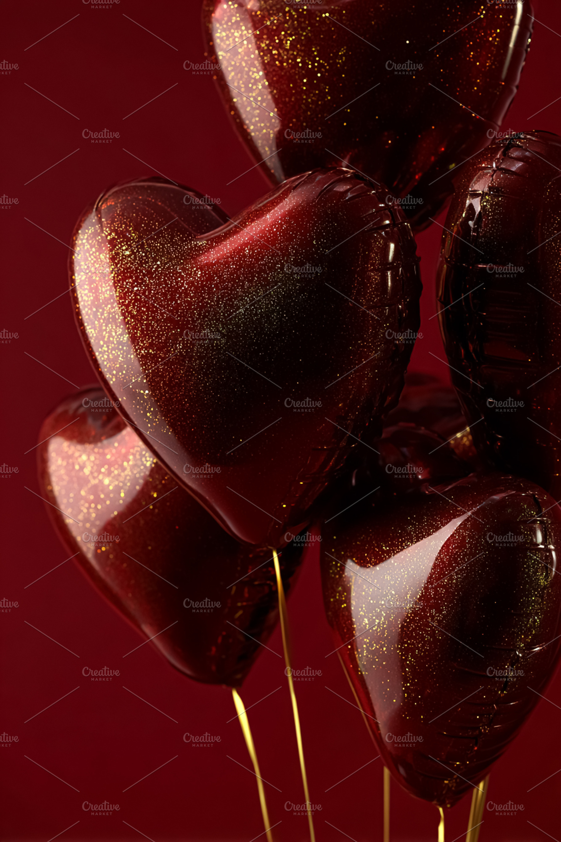 Red heart balloons with golden glitter on a deep red background, a Photo by Studio ANNA
