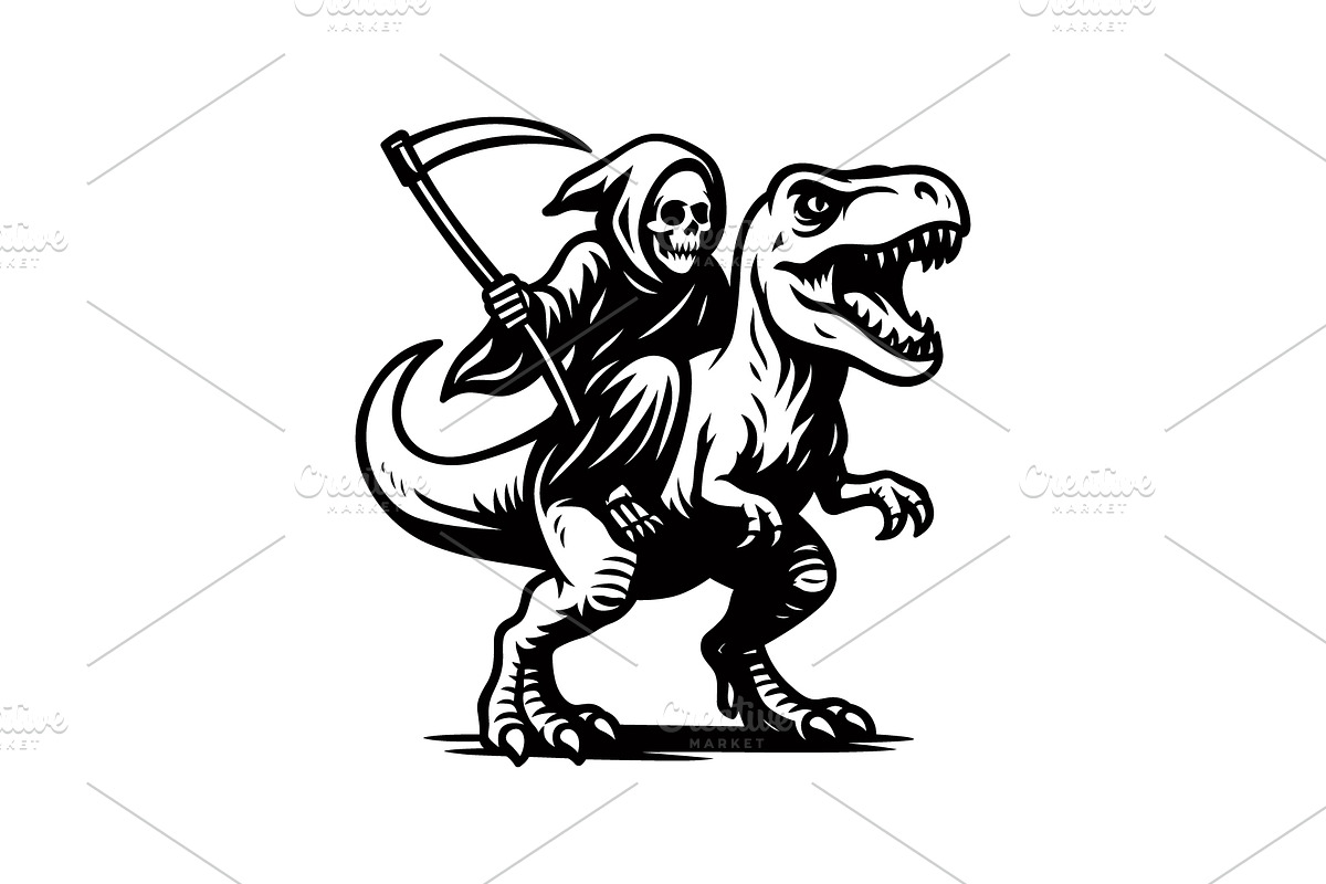 Grim Reaper riding on a T- Rex, an Animal Illustration by Pixes