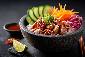 Delicious rice bowl with tofu, sesame seeds, and fresh vegetables served in a r, a Food & Drink Photo by AlyaAnd