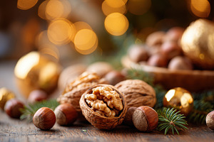 Festive nuts and golden ornament for Christmas, a Food & Drink Photo by AlyaAnd