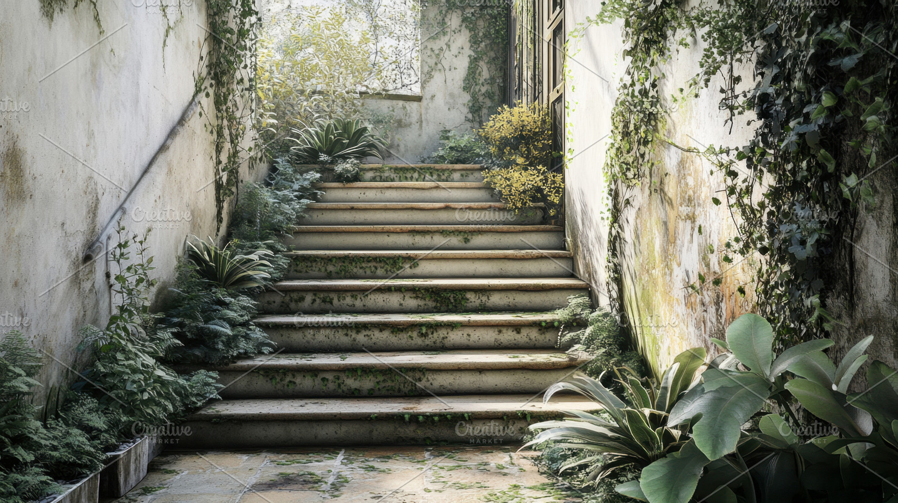 Greenery surrounds old steps, a Photo by Beautiful things